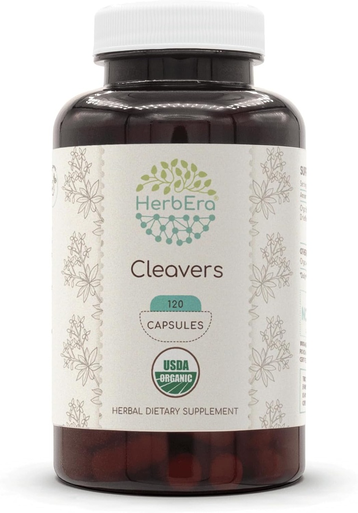 HerbEra Cleavers USDA Organic 120 Kapseln | Natürliche Kräuterergänzung | Certified Organic Vegetarian Capsules and Organic Cleavers (Galium aparine) Getrocknete Kräuter (120 Kapseln)
