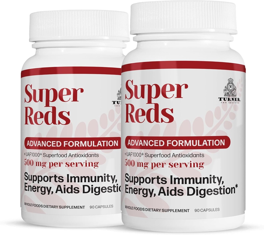 TURNER Super Reds Kapseln mit UAF1000+, Neuseeland Red Superfood Energy, Essential Veggies, Antioxidantien, Enzyme, Cleanse, 180 Kapseln, 2 Flaschen