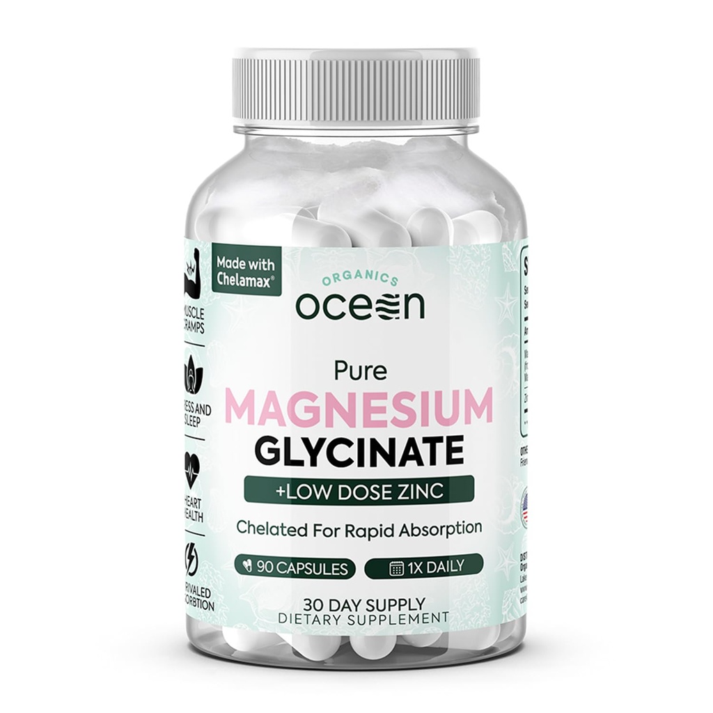 Bios Ocean Pure Magnesium Glycinate mit Zink - maximale Stärke Chelat Magnesium Supplement für Frauen und Männer für Muskelkrämpfe und Schlafunterstützung - 90 Kapseln