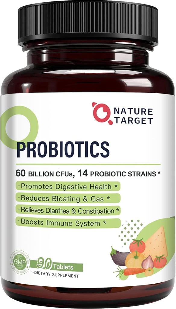 Probiotici per donne, uomini e bambini, 60 miliardi di Probiotici per la salute digestiva -14 Strains, Prebiotici e Probiotici per la salute e il supporto immunitario, senza glutine, non OGM, 90 compresse