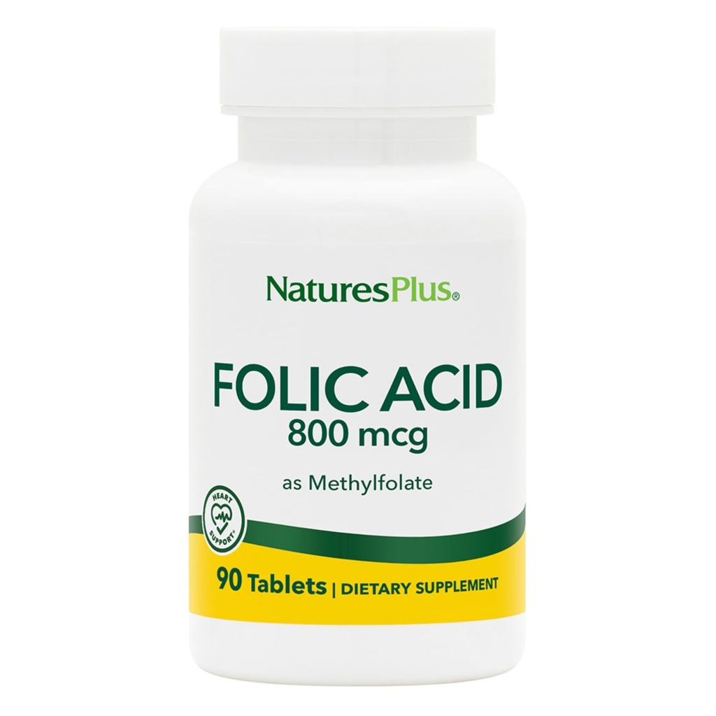 Natures Plus Folsäure (Methylfolat) - 800 mcg, 90 Vegan Tabletten - Unterstützt gesundes Gewebewachstum - Vegetarisch, Glutenfrei - 90 Servierungen