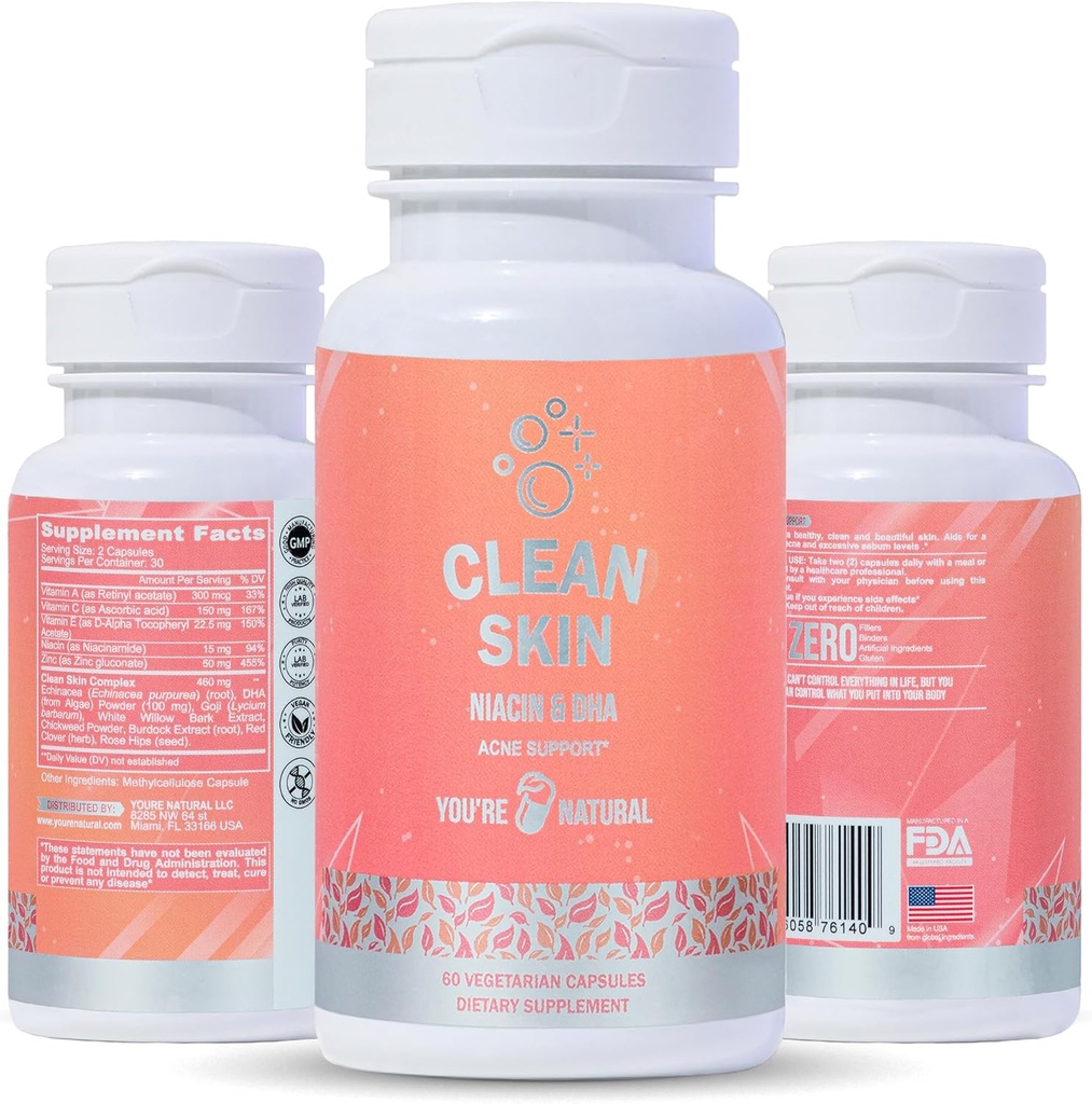 Sie sind NATURAL Saubere Haut Ergänzung | Akne Unterstützung | Haut Unterstützung Vitamine für Frauen, Männer und Jugendliche, Vitamin A, Zink, DHA, Vitamin B3, Vitamin C, Vitamin E - Glutenfrei - Made in USA - 60 Kapseln