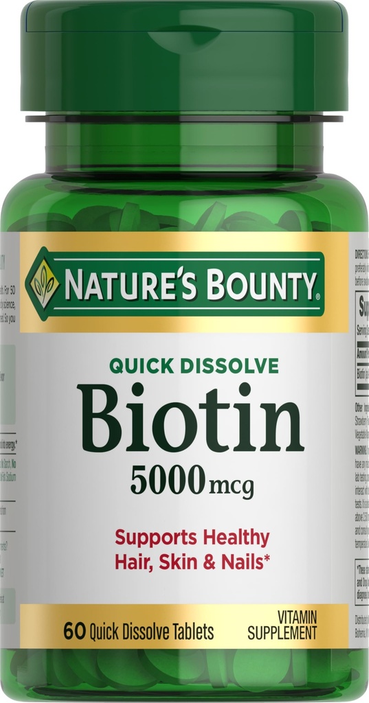 Biotina di Bounty Nature, Supporta il Metabolismo per l'Energia Cellulare e Capelli Sani, Pelle e Unghie, 5000 mcg, 60 Tavole Disolvere Rapide