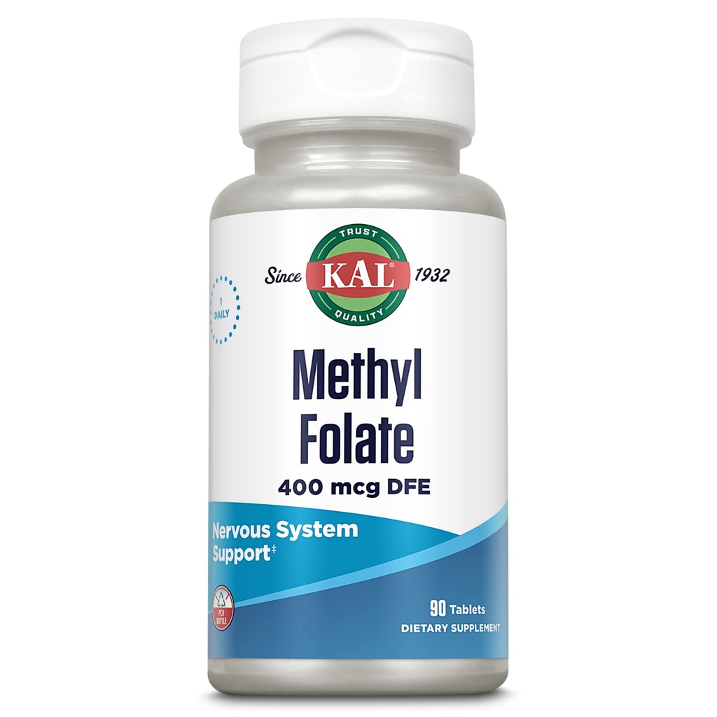KAL Methyl Folate 400 mcg DFE, 5-MTHF Active Form Vitamina B9, Folic Acid Supplement, Heart Health, Prenatal, Mood and Brain Support, Fast Dissolving ActivTab, 60-Day Guarantee, 90 Servings, 90 compresse