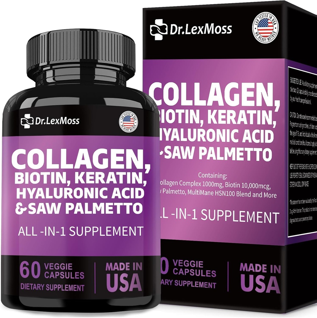 Collagène Pilules Biotine Sciure de kératine Palmetto Acide hyaluronique, Vitamines et DHT, Vitamine E Acide folique Graine de citrouille MSM pour les hommes et les femmes Peau et ongles capillaires, 60 Capsules