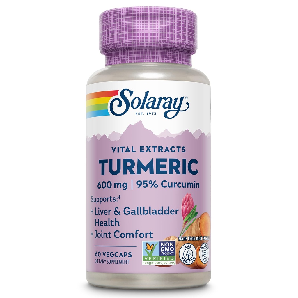 SOLARAY Turmeric Supplement 600mg - Radice curcuma con 95% curcumina - Supporto congiunto - Salute comune, Gallbladder e supporto al fegato, Non OGM, Vegan, Gluten Free, Garanzia di 60 giorni, 60 Serve