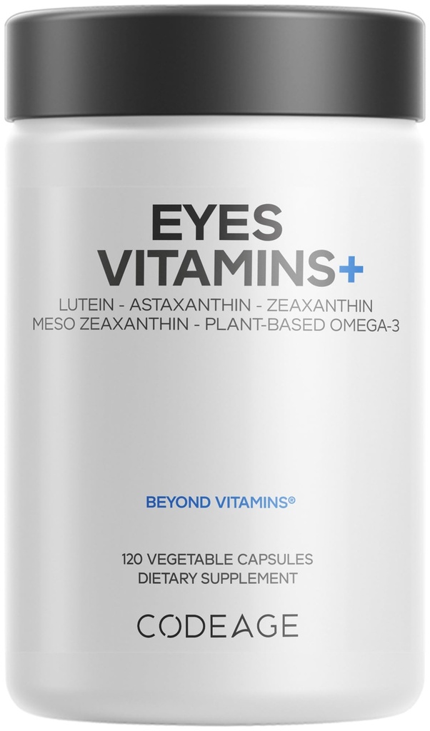 Codage Yeux Vitamines - Supplément de formule à base de AREDS 2 - Approvisionnement en 2 mois - Vitamines A, C, E, Zinc, Lutéine, Astaxanthin, Zeaxanthin, Eyebright, Marigold, Bilberry, Safran, Oméga-3-120 Capsules