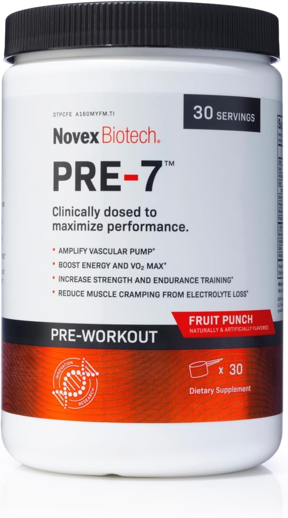 Novex Biotech PRE-7 Pre-Workout Pulver für Männer - Boost Energy, Focus und VO2 max, unterstützen Hydration während längerer Übung*, Fruit Punch