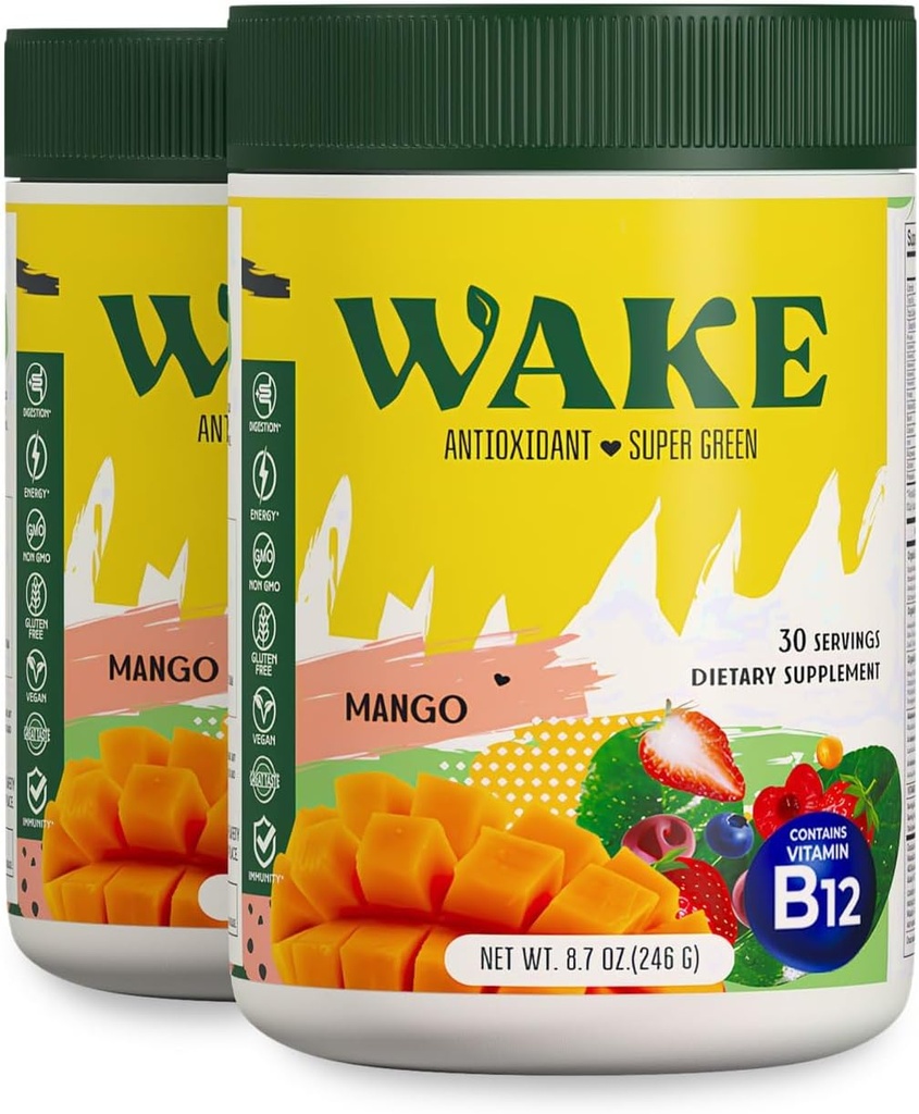 Wake Antioxidant Super Greens,Greens Pulver zu reduzieren Bloat, Spirulina & Chlorella, Vitamin B12, Non-GMO, Gesunde Verdauung für Frauen, Enzyme, Probiotika, Acai Berry & Camu, 2 Stück für 1 Kosten