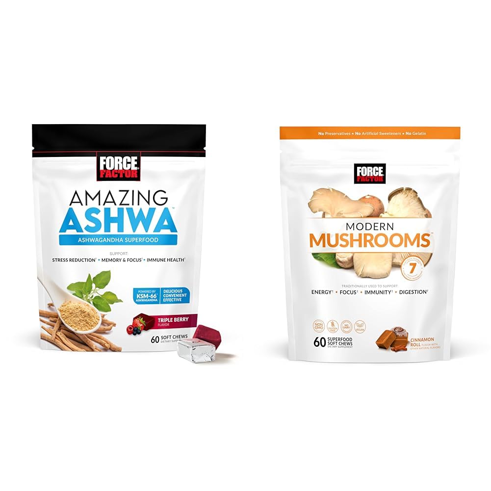 Force Factor Ashwagandha & Pilz-Ergänzungen Bundle mit KSM-66 Ashwagandha, 7 Pilze, 60 Soft Chews Jede