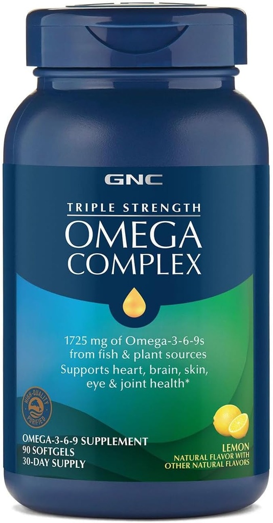 GNC Triple Strength Omega Complex 3, 6, 9 Beilage, 1725mg, Lemon Flavor, unterstützt Herz, Gehirn, Haut, Augen und Gelenkgesundheit, 90 Softgels