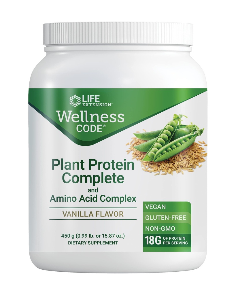 Life Extension Wellness Code® Plant Protein Complete & Amino Acid Complex (Vanilla), Plant-Based Protein Powder Plus ramifié-Chain Amino acides, sans gluten, non-OGM, végétarien, 450 Grams
