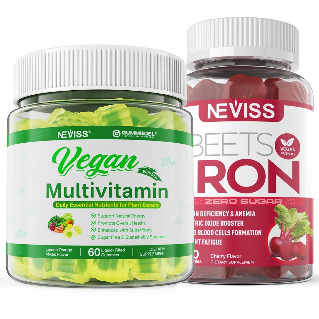 Vegan Iron Gummies con Vegan Multivitaminico per Donne Uomini con Ferro, Vitamina B12, A, D3, K2, Algae Omega 3, Magnesio, Zinco