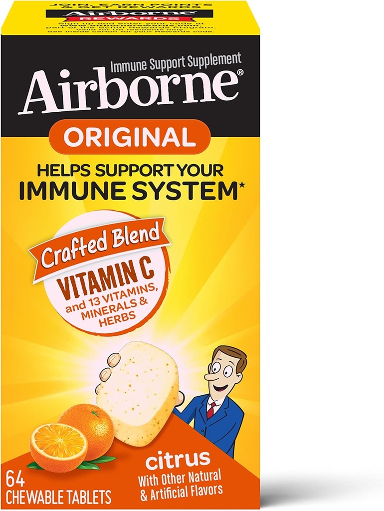 Airborne 1000mg Vitamin C Kautabletten mit Zink, Immununterstützungsergänzung mit leistungsstarken Antioxidantien Vitamine A C & E - 64 Kautabletten, Citrus Flavor