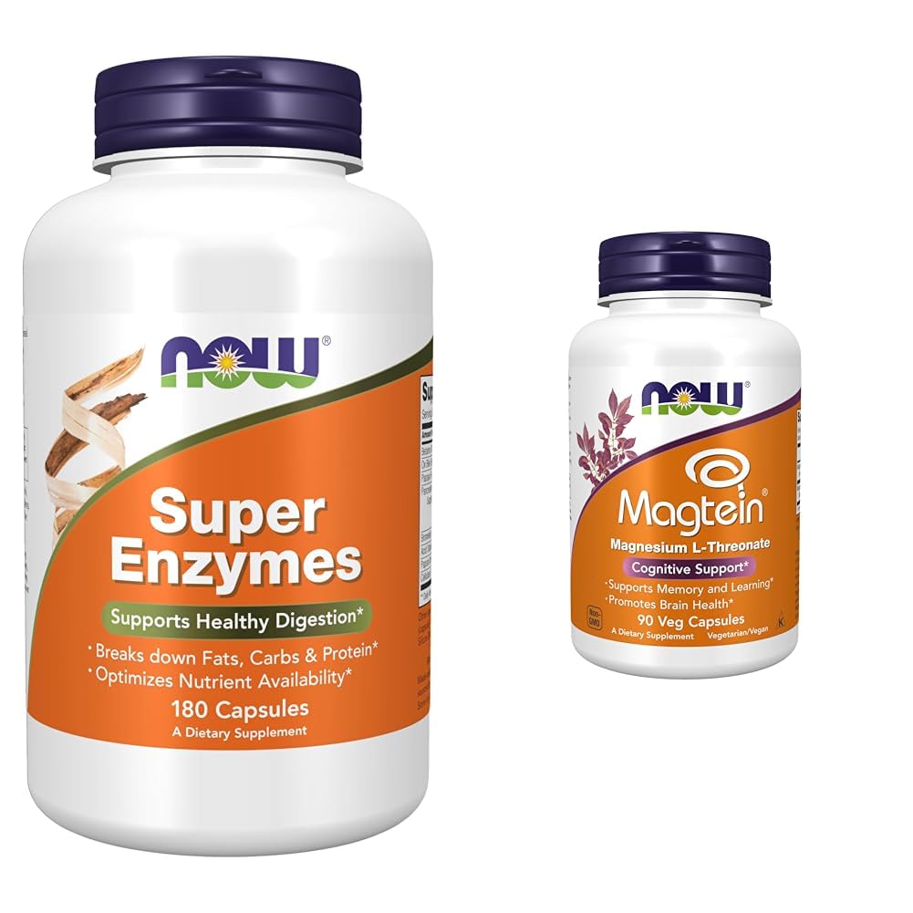 MAINTENANT Suppléments, Super Enzymes, Formulés avec Bromelain, Ox Bile, Pancréatine et Papaine,180 Capsules & Suppléments, MagteinTM avec forme brevetée de Magnésium (Mg), Support cognitif*, 90 Capsules de Veg
