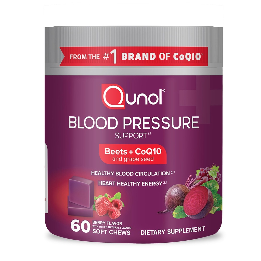 Qunol Beets Chews for Blood Pressure Support, 3 in 1 Beets + CoQ10 + Estratto di semi d'uva, Supporta la circolazione sanguigna sana & Heart Healthy Energy, 60 Chews