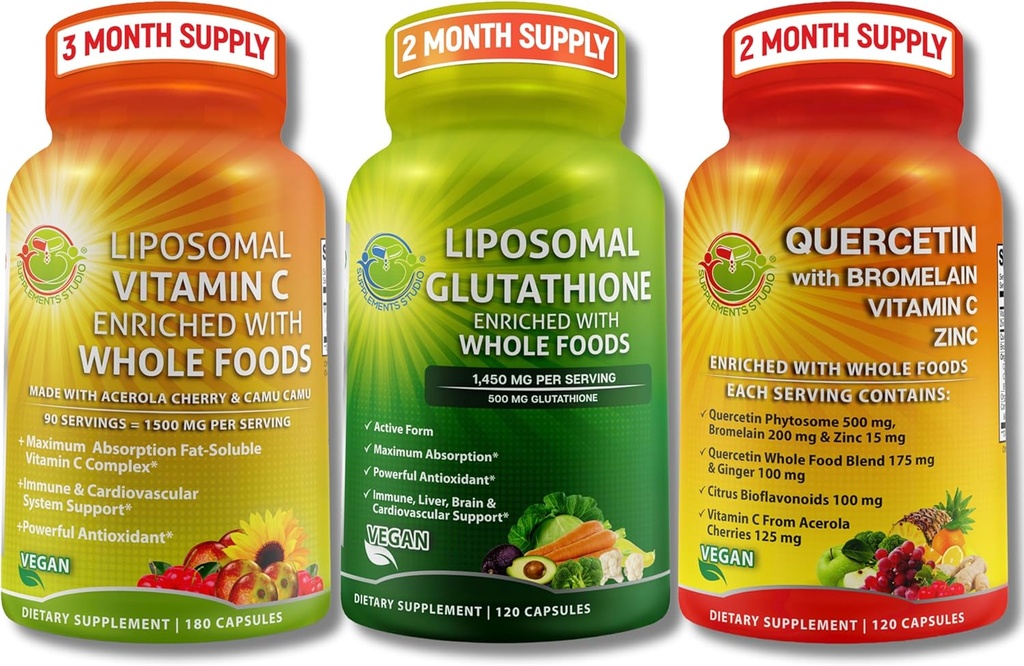 Complete Plant-Based Antioxidant & Immune Support Bundle - Liposomal Vitamin C 1500mg + Liposomal Glutathione 500mg + Quercetin with Bromelain, Zinc & Vitamin C – Vegan, Enhanced Absorption Formulas