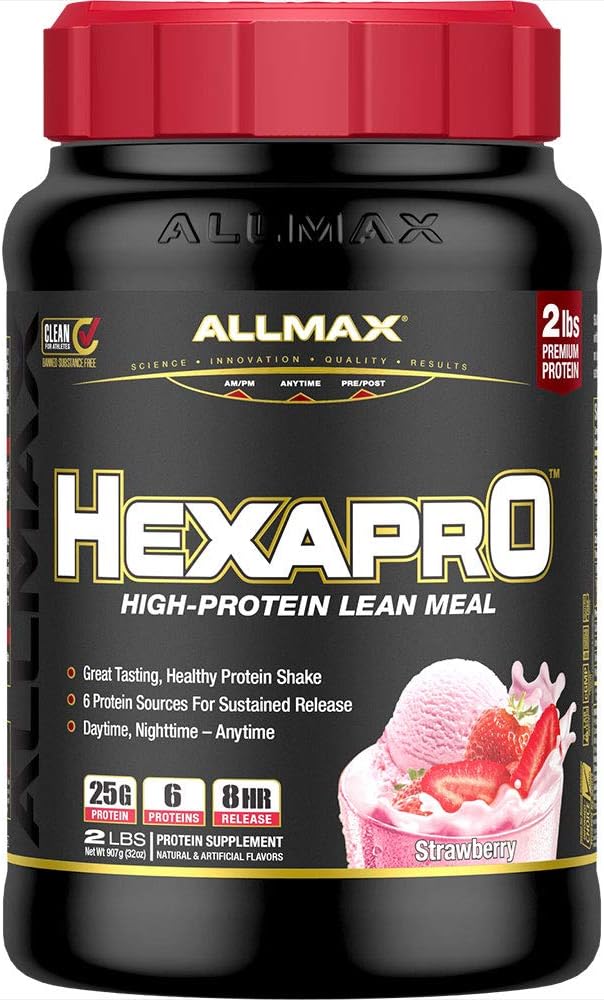 ALLMAX HEXAPRO, Erdbeere - 2 lb - 25 Gramm Protein pro Servierung - 8-Hour Sustained Release - Zero Sugar - 21 Servietten