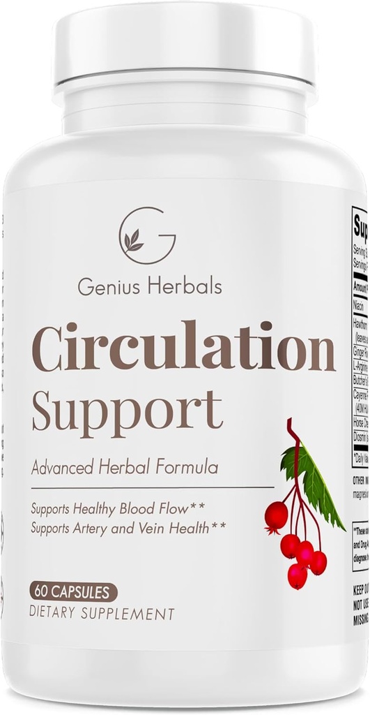 Supporto per Circolazione - con Hawthorn, Broom Macellaio, L-Arginina, Supporto per Vene Varicose - 60 capsule