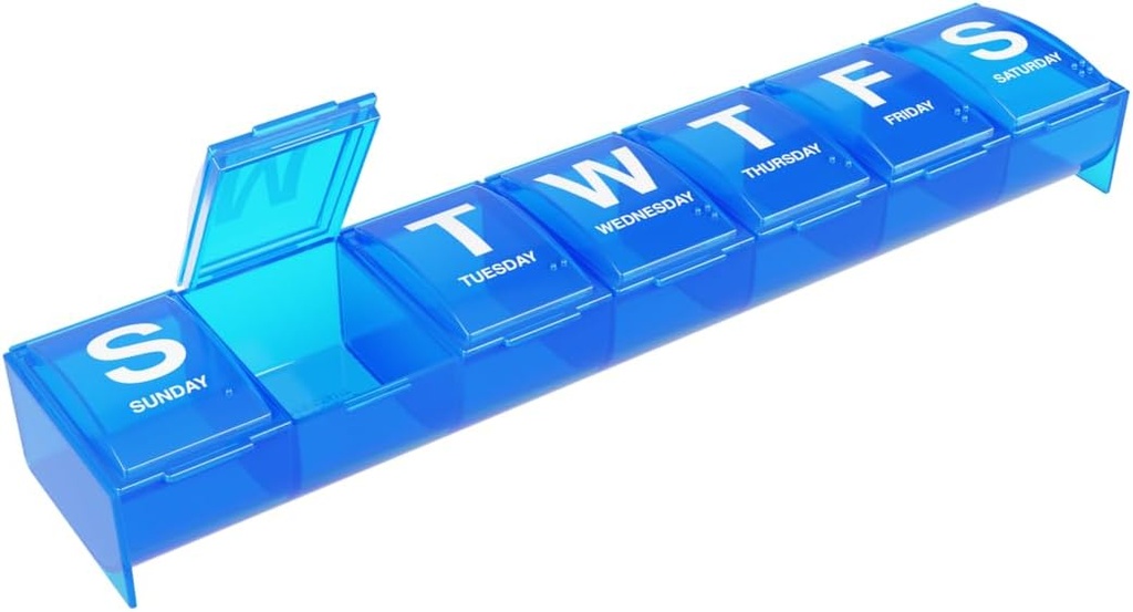 EZY DOSE hebdomadaire (7 jours) Cas de pilule, planificateur de médicaments, organisateur de vitamines, 2X-Large compartiments contournés pour l'élimination facile des pilules, couleur mai Varier, sans BPA
