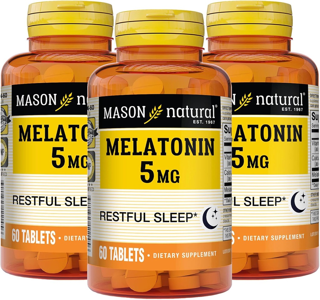 MASON Melatonina NATURAL 5 mg con B6 e Calcium - Natural Sleep Aid, Supporta sonno sano e riposo, 60 compresse (Pack of 3)