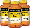 MASON Melatonina NATURAL 5 mg con B6 e Calcium - Natural Sleep Aid, Supporta sonno sano e riposo, 60 compresse (Pack of 3)