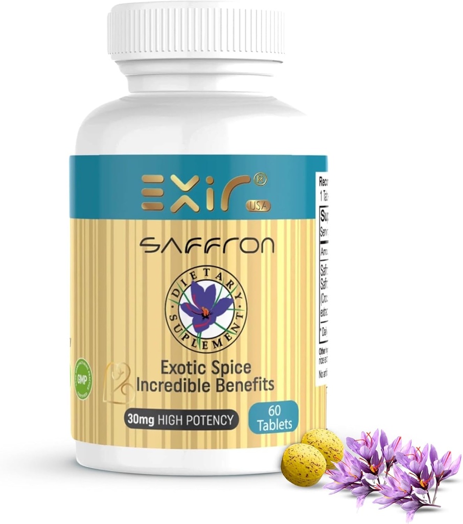 EXIR Saffron Supplemento | Supporta messa a fuoco, abitudini alimentari sane, mood, metabolismo, 60 compresse