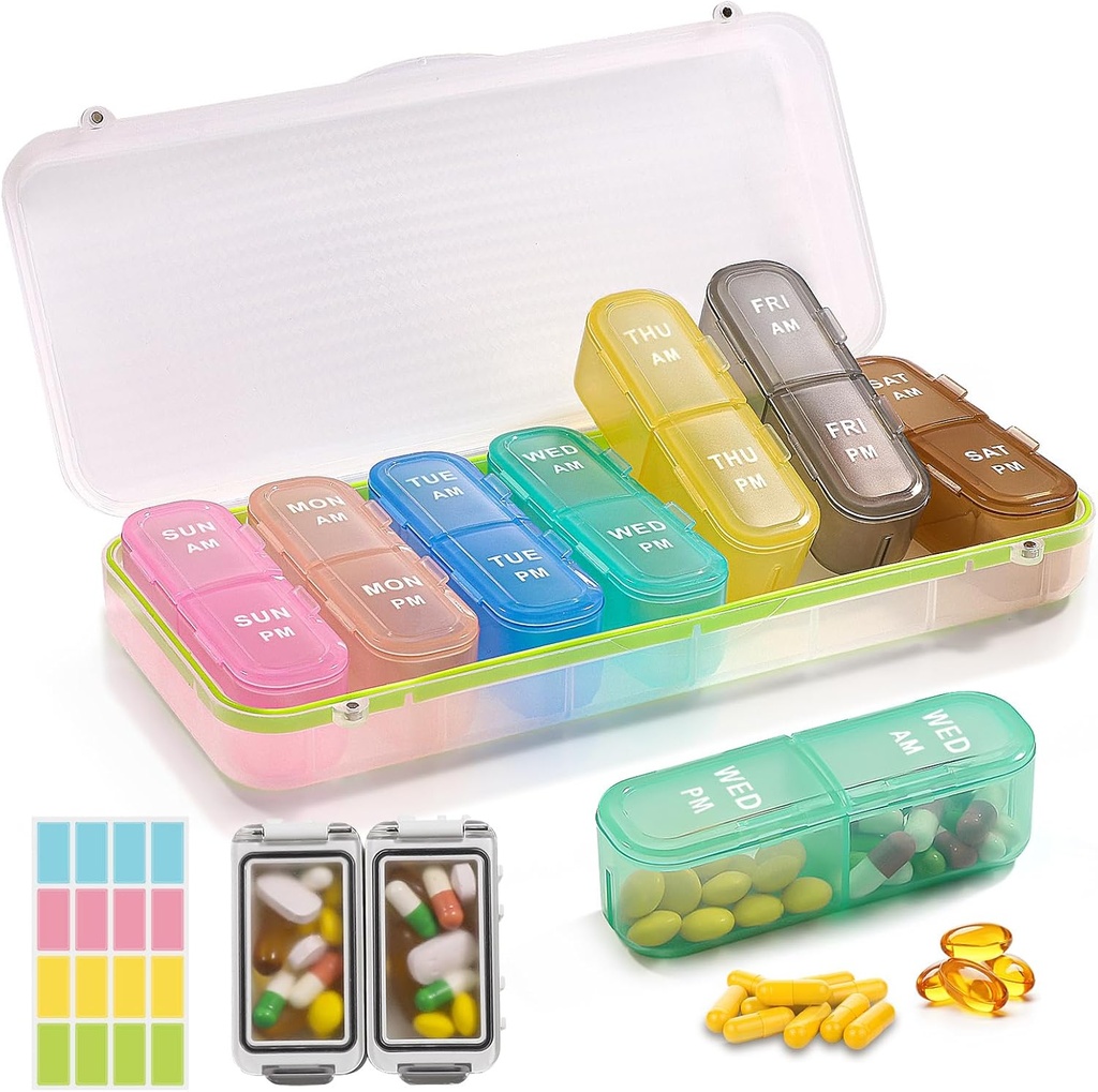 Organizzatore di pillole settimanali 2 volte al giorno + 2 kit organizzatori di pillole staccabili - AM PM Organizzatore di pillole di viaggio per la vitamina Supplemento Fish Oil, White Daily Pill Case 2 volte al giorno