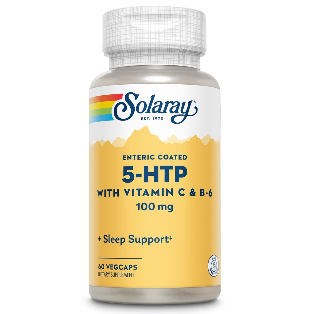 SOLARAY 5 HTP Supplemento con vitamina C & B-6 - Supplemento di sonno e supporto di sintesi della serotonina - Lab verificato, 60 giorni garanzia di rimborso dei soldi - 60 Serve, 60 VegCaps immatricolati