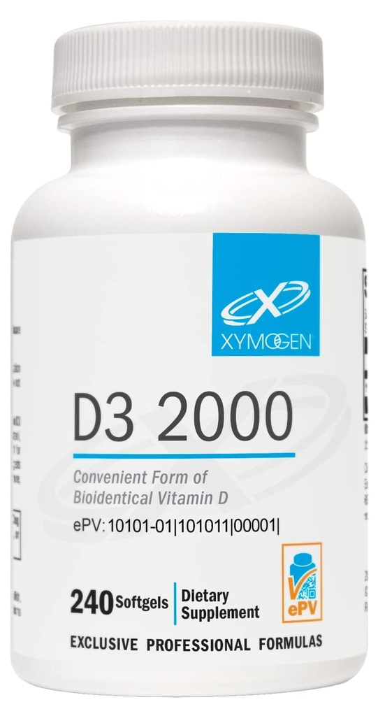 XYMOGEN D3 2000 - Biodisponible Vitamine D3 2000 UI (50 μg) - Supplément de vitamine D à haute puissance pour soutenir la santé immunitaire, os + santé cardiaque (240 softgels)