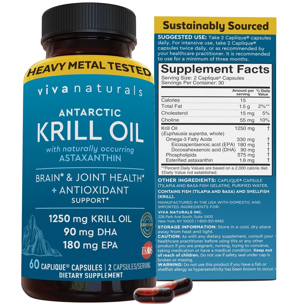 Viva Naturals Antarctic Krill Oil Omega 3 Supplements 1250 mg - DHA EPA Omega-3 & Astaxanthin Konzentration für die gemeinsame Gesundheit, No Fish Burp - 60 Krill Oil Kapseln