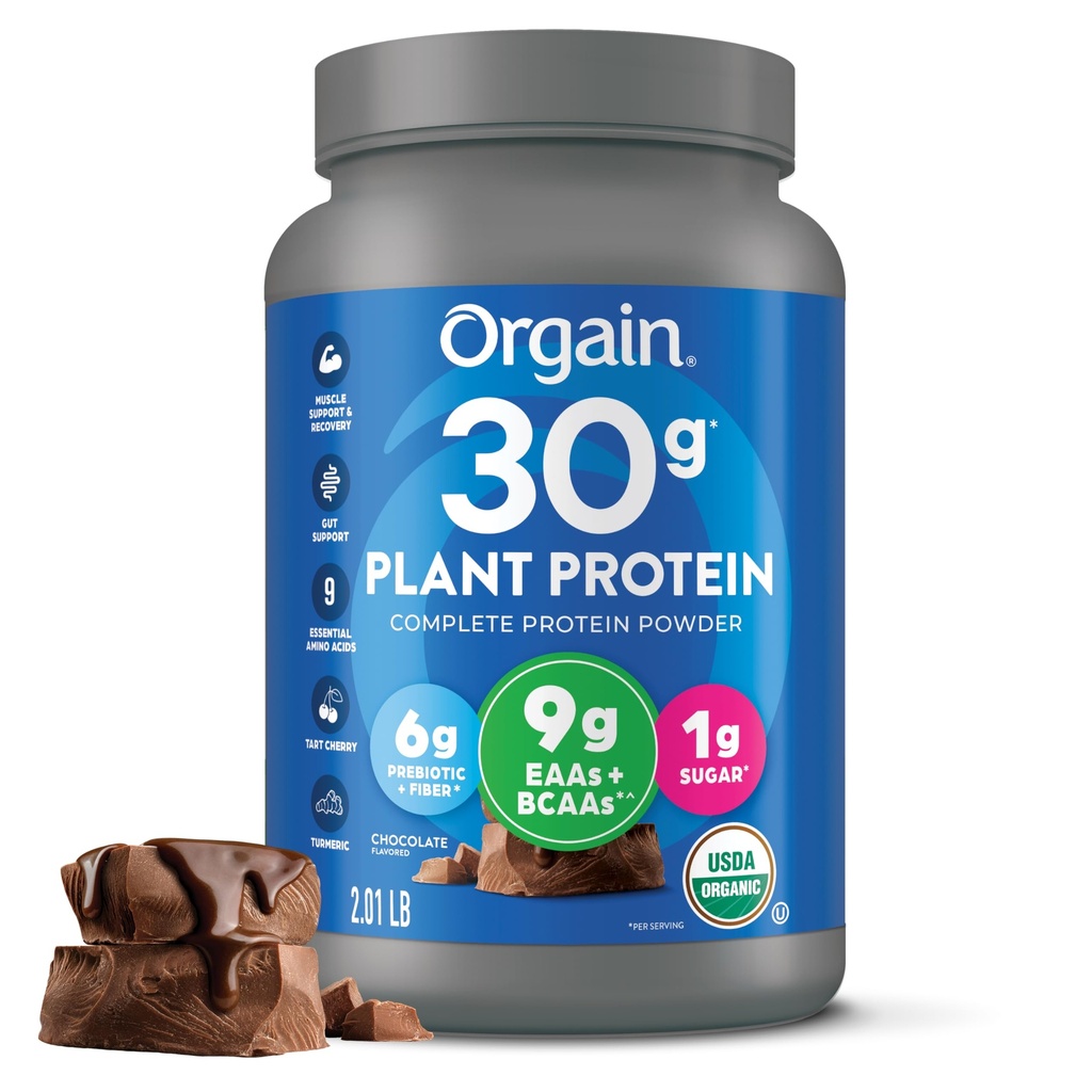 Orgain Organic 30g Vegan Protein Pulver, Schokolade 9g EAAs + BCAAs, Pflanzenprotein, 6g Prebiotic + Fiber, 1g Zucker, Pre-Workout, Muskelunterstützung + Erholung - 2.01lb (Packaging May Vary)