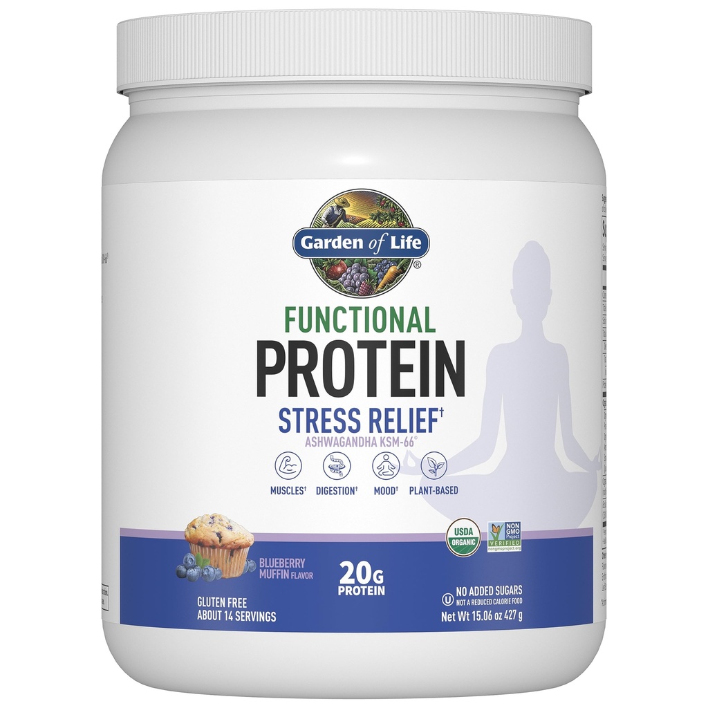 Garten des Lebens - Functional Protein Stress Relief - 20g Organic Sprouted & Fermented Protein Blend - Blueberry Muffin, Mood Blend for Stress Management, Ashwagandha KSM-66, Vegan - Über 14 Portionen