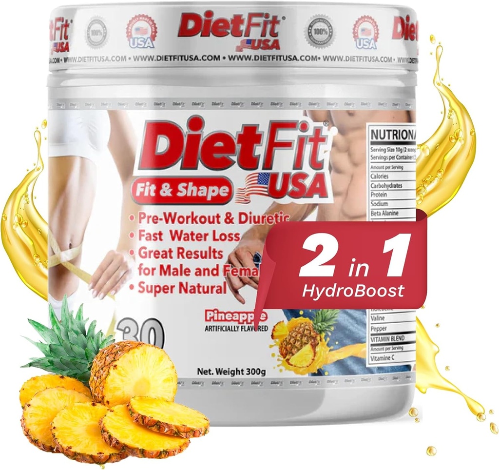 DIETFIT | Pre-Workout e Diuretic 300 Grammi | Hydroboost 2-in-1 | Pre-Workout & Diuretic | Energia Intensa | Ananas Flavor | 30 Serve | Integratori Fitness