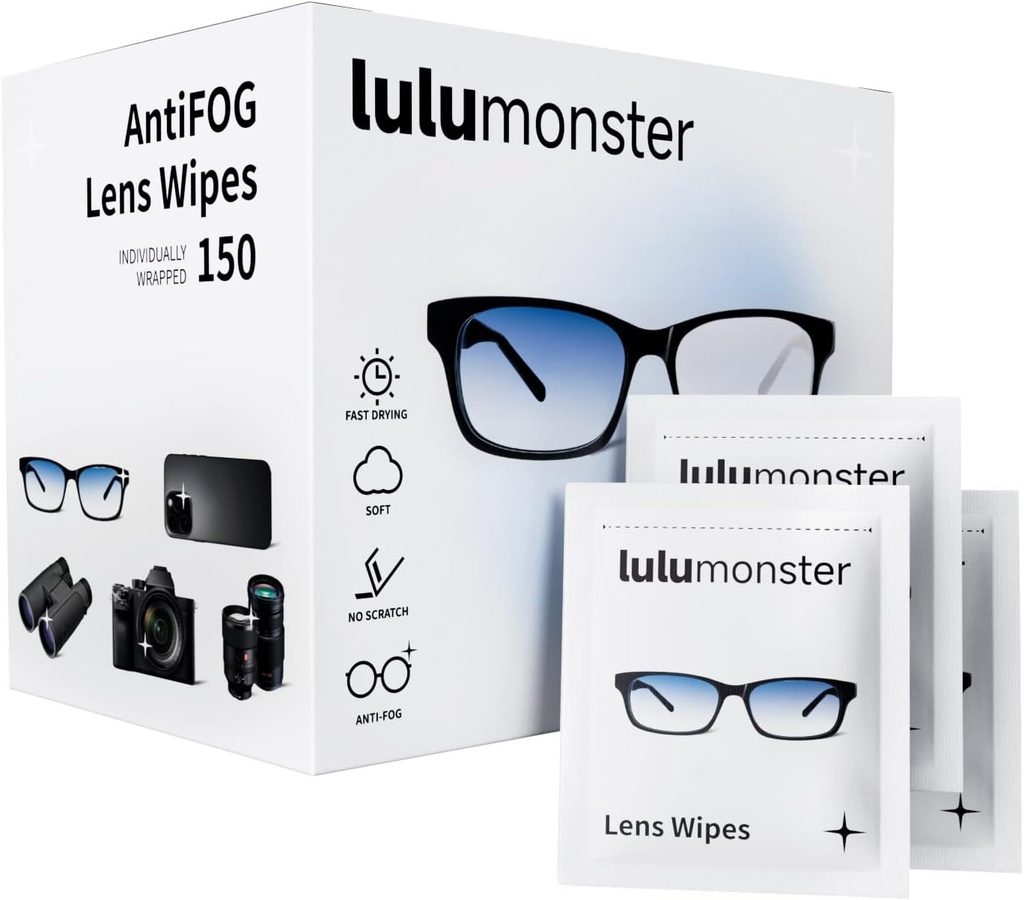 Anti Fog Lens Wipes für Brillen Lulumonster, [150 Pre-Moistened Individuell Wrapped Wipes] [Non-Scratching & Non-Streaking] Cleaner Wipes für Gläser, Sonnenbrille, Telefon-Kameralinsen, Brillen