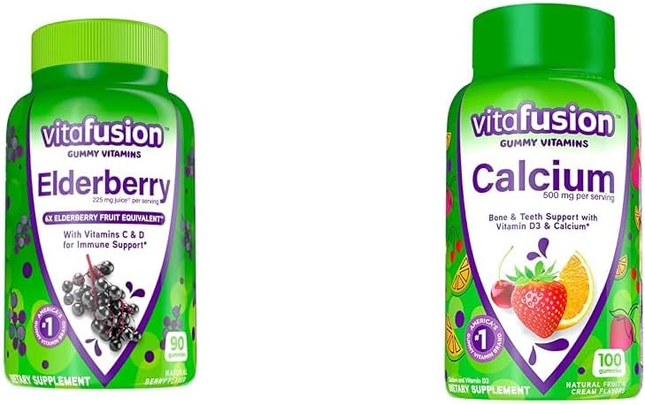 Vitafusion Elderberry Gummy Vitamine 90ct und Calcium Gummy Vitamine 100ct für Knochen Zähne Immununterstützung