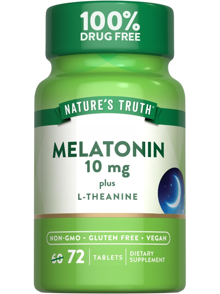 Melatonina della verità della natura 10 mg + L-teanina | 72 compresse | Forza massima | Vegan, Non OGM e Gluten