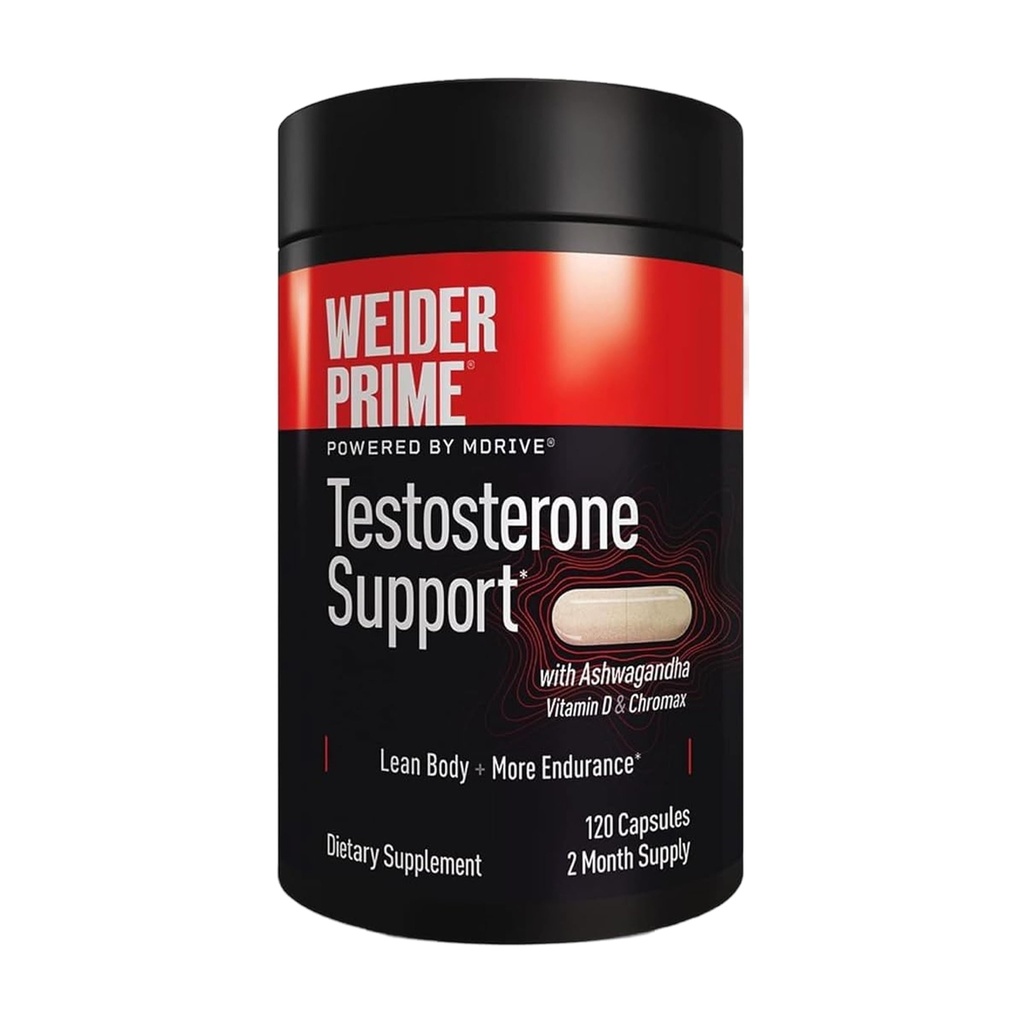 Weider Prime Testosterone Support - Nutrizione maschile - Arricchito con vitamine e minerali - con Ashwagandha, Chromax Chromium, Bioperine & Zinc - Gluten Free - 120 Capsule