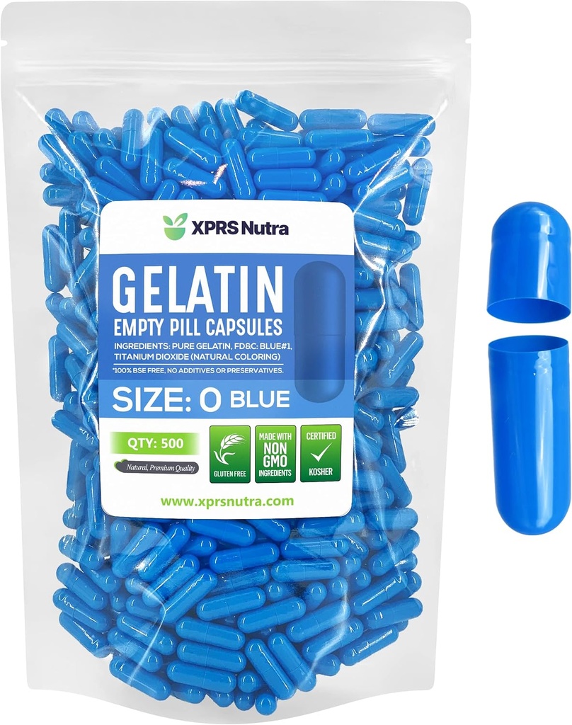 XPRS Nutra Größe 0 Leere Kapseln - 500 Graf Leere Gelatine Kapseln - Pillen DIY Kapsel Füllung - Pure Bovine Pill Gel Kapseln für Do-It-Yourself Ergänzungen (blau)