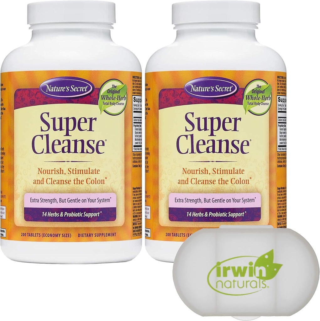 Nature Secret Super Cleanse Extra Strength Toxin Detox & Gentle Elimination Nettoyer le corps total, soutenir la santé digestive et Colon, 2 paquets de 200 comprimés, avec un cas de pilule