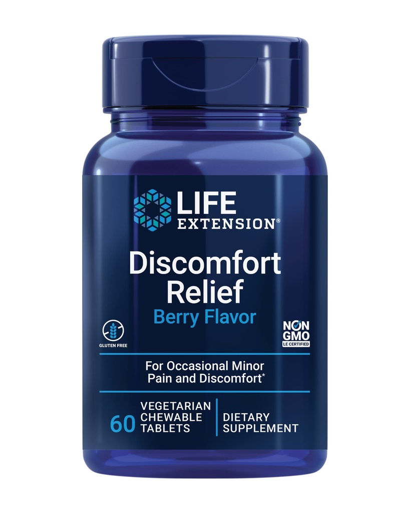 Life Extension Pea Discomfort Relief (Berry Flavor) pour douleurs et désagréments occasionnels mineurs – Supplément Palmitoyléthanolamide - Sans gluten, sans OGM, végétarien – 60 comprimés à croquer