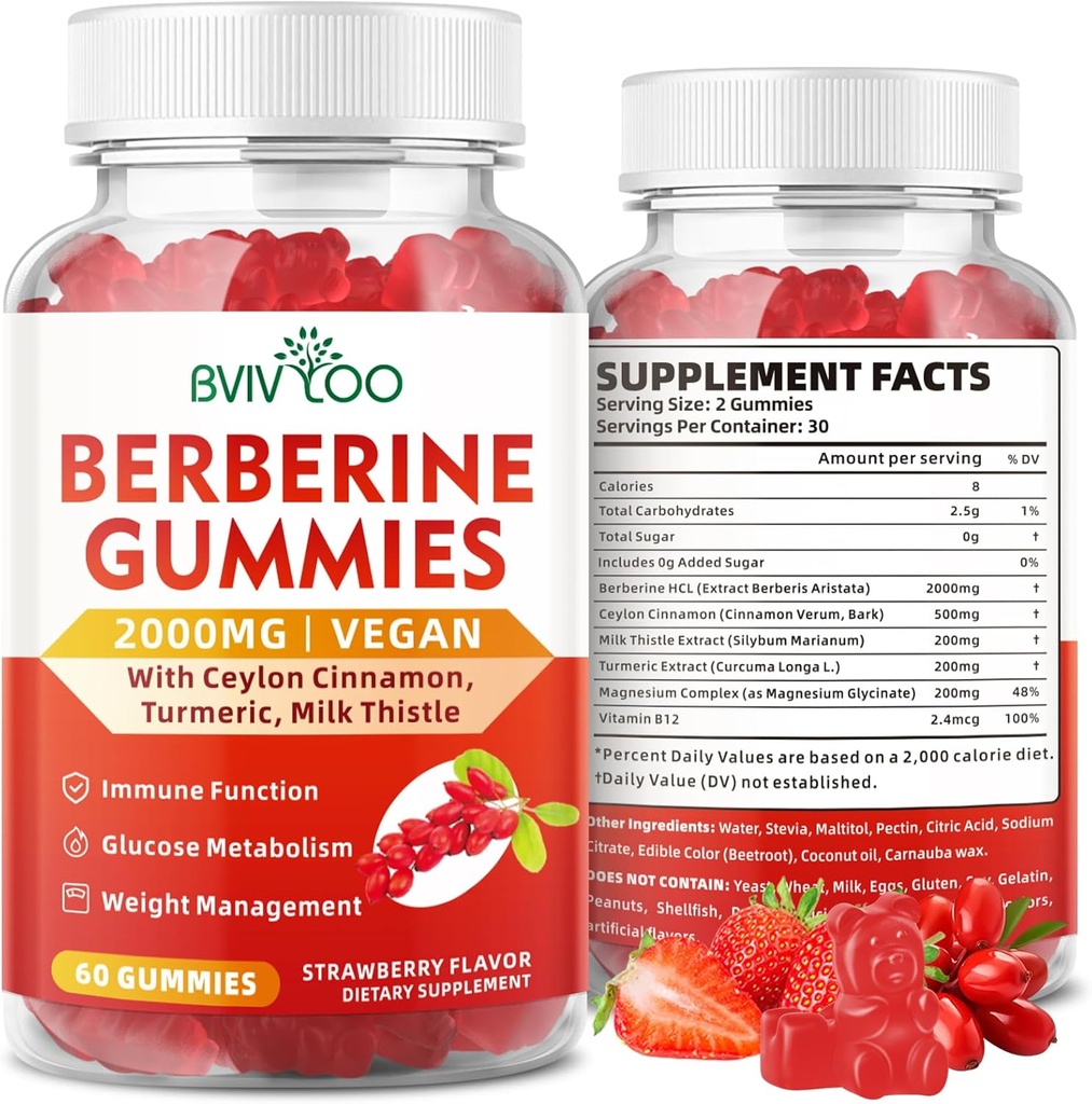 Berberine Gummies, Sugar Free 2000mg High Potency Berberine HCI Supplement, Plus Ceylon Cinnamon, Latte Thistle for Women & Men, Immune System & Metabolism Support - 60 Gummies