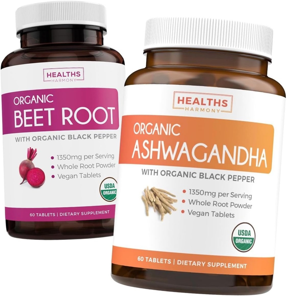 Racine de betterave et ashwagandha (1-Mois) Mélange d'énergie vitale - Racine de betterave biologique avec poivre noir pour l'absorption 1250mg (60 comprimés) et ashwagandha biologique avec poivre noir 1350mg par portion (60 capsules)
