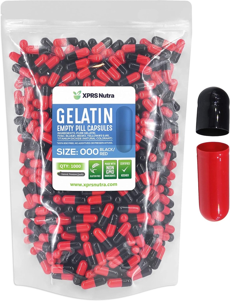 XPRS Nutra Größe 000 Leere Kapseln - 1000 Graf große leere Gelatine Kapseln - Pillen für DIY Ergänzung Kapsel Füllung - Füllbare Farbe Gel Kapseln Pillen für Do-It-Yourself-Ergänzungen (Rot/Schwarz)