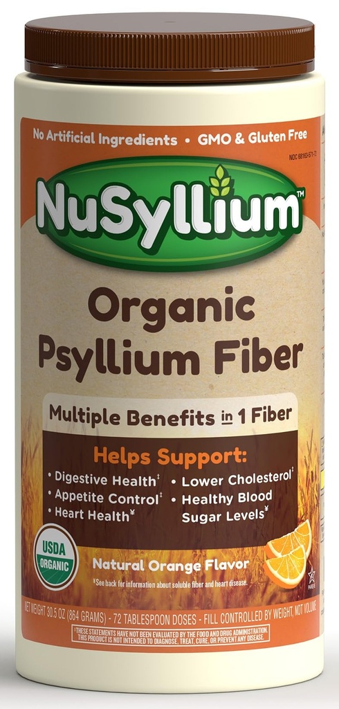 NuSyllium Psyllium Husk Powder, USDA Organic, 30.5 Oz, Nahrungsfaserergänzung mit braunem Zucker, Hilft Verdauungsgesundheit* Natürliche Orange, 72 Servierungen