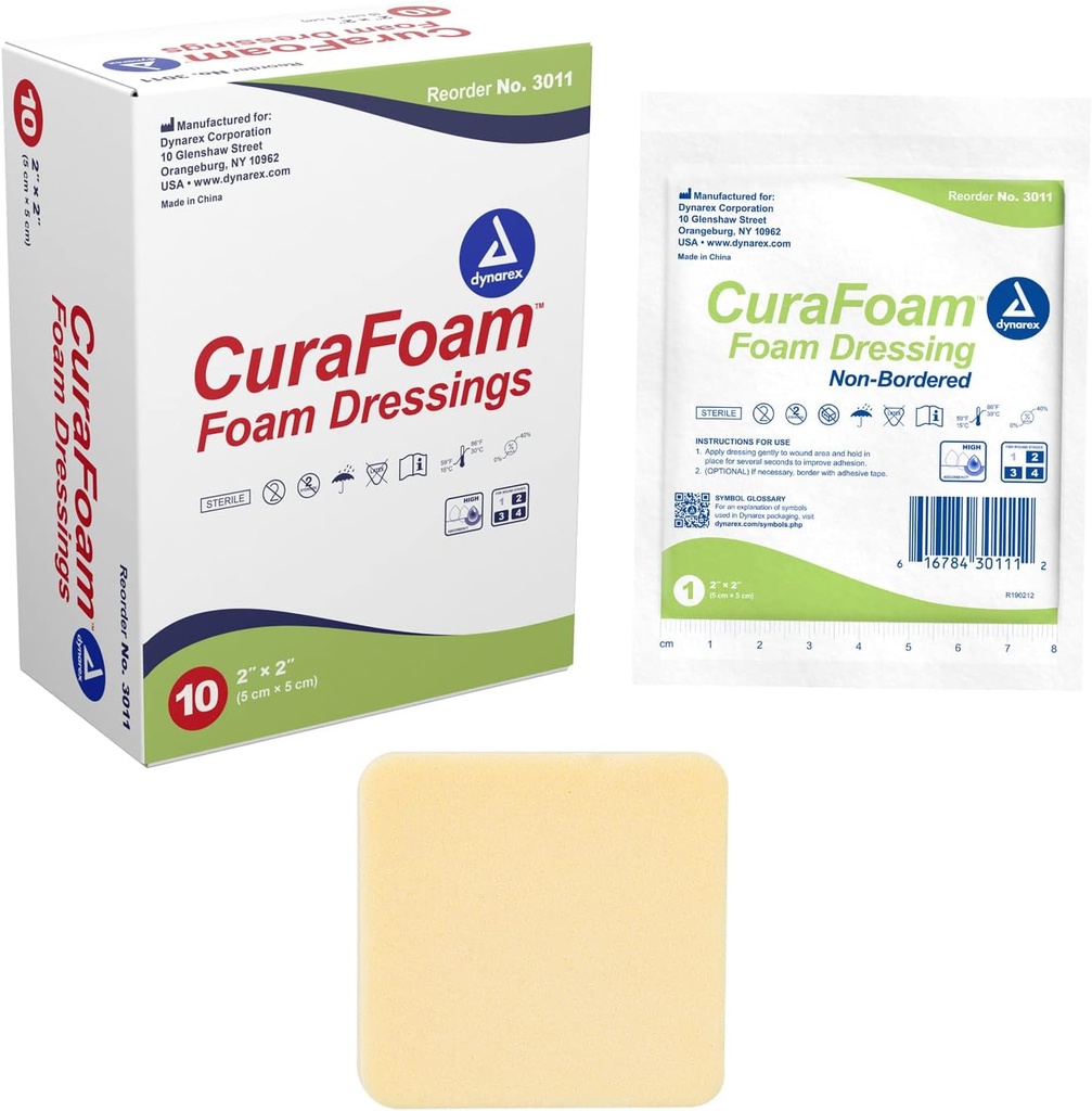 Dynarex 3011 CuraFoam Foam Dressing, Non-Bordered, Steril, bietet Kissen und Feuchtigkeit Wound Pflege, 2" x 2", Packung von 10