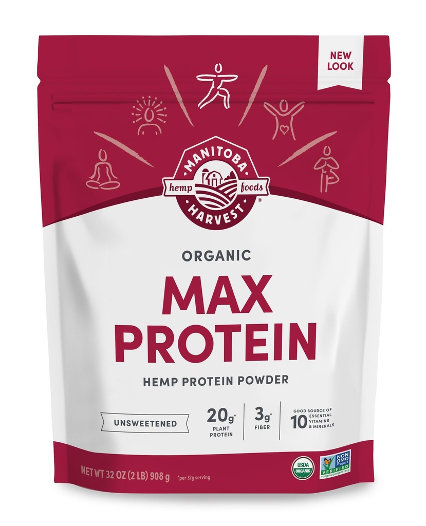Manitoba Harvest Hanf Ja Organic Max Protein Powder, Unsweetened, 32oz, mit 20g Protein und 4,5g Omegas 3&6 pro Servierung, Keto-Friendly, Konservierungsfrei, Non-GMO, Packaging May Vary