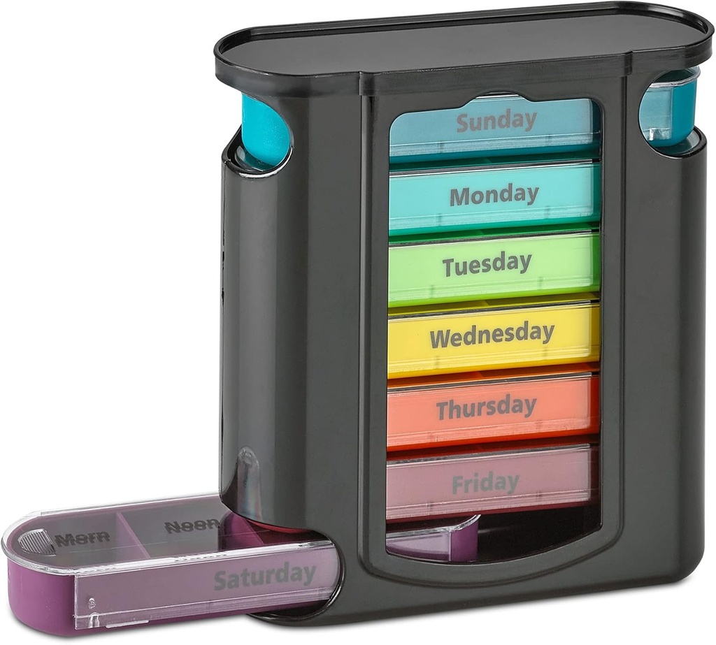 Organizzatore di pillole settimanali, 1 Dispenser, 7 Confronti Stackable Four Times-a-Day - Mattina, Noon, Sera e Bedtime, Nero