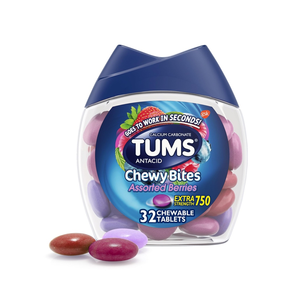 TUMS Chewy Bites Antacid Tablets für Kaubares Heartburn & Acid Indigestion Relief, sortierte Beeren, 32 Zähler