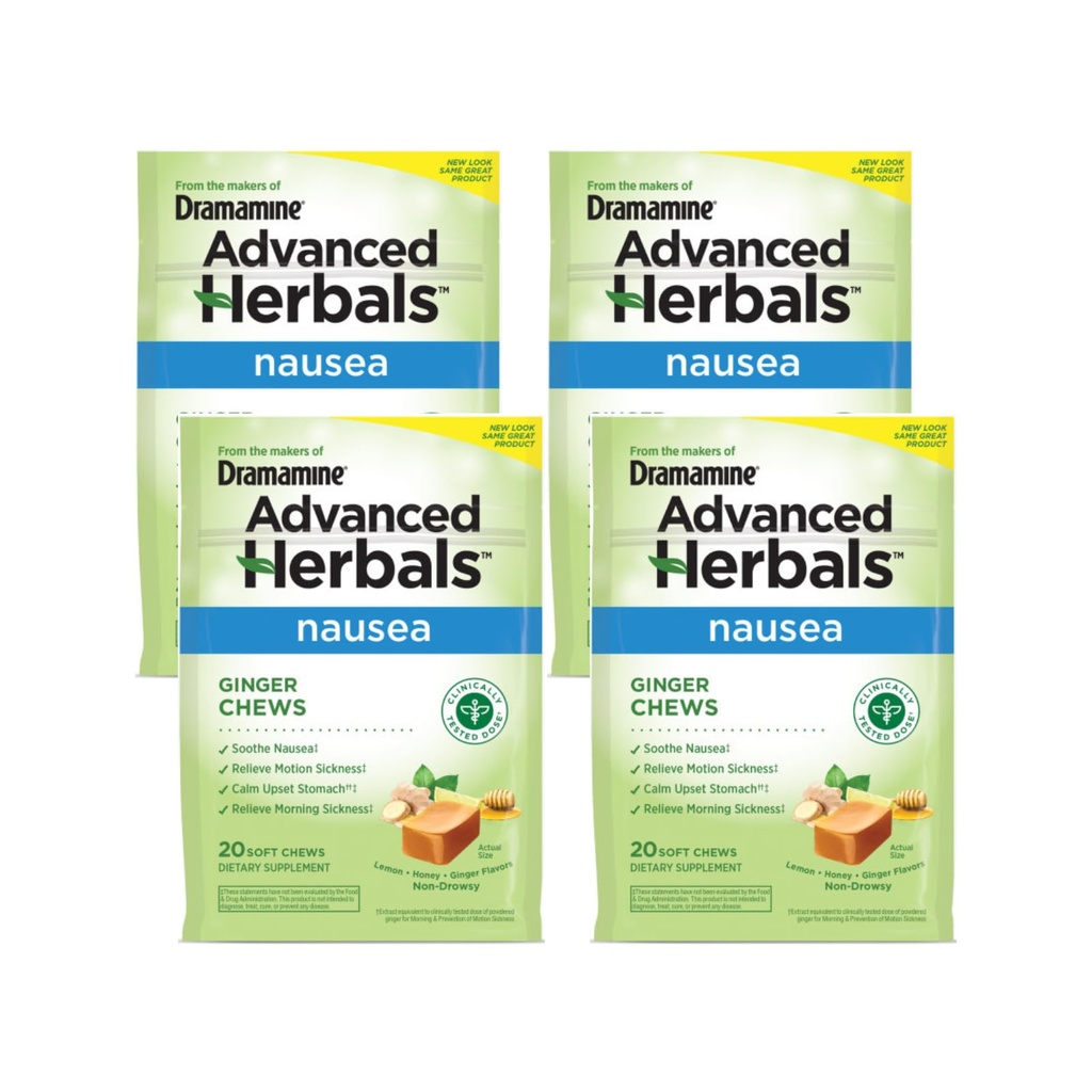 Dramamine Ginger Chews, Hilft mit Nausea, Lemon Honey Ginger Flavor, 20 Soft Chews (Pack von 4)